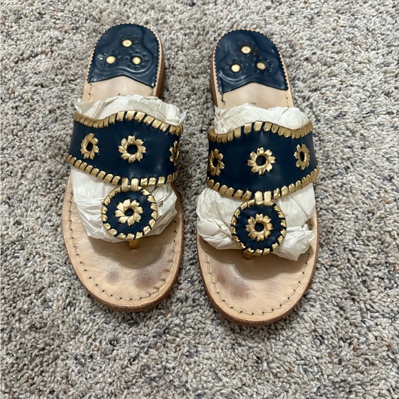 Jack Rogers Shoes - Jack Rogers Black and Gold Sandals with Decorative Design